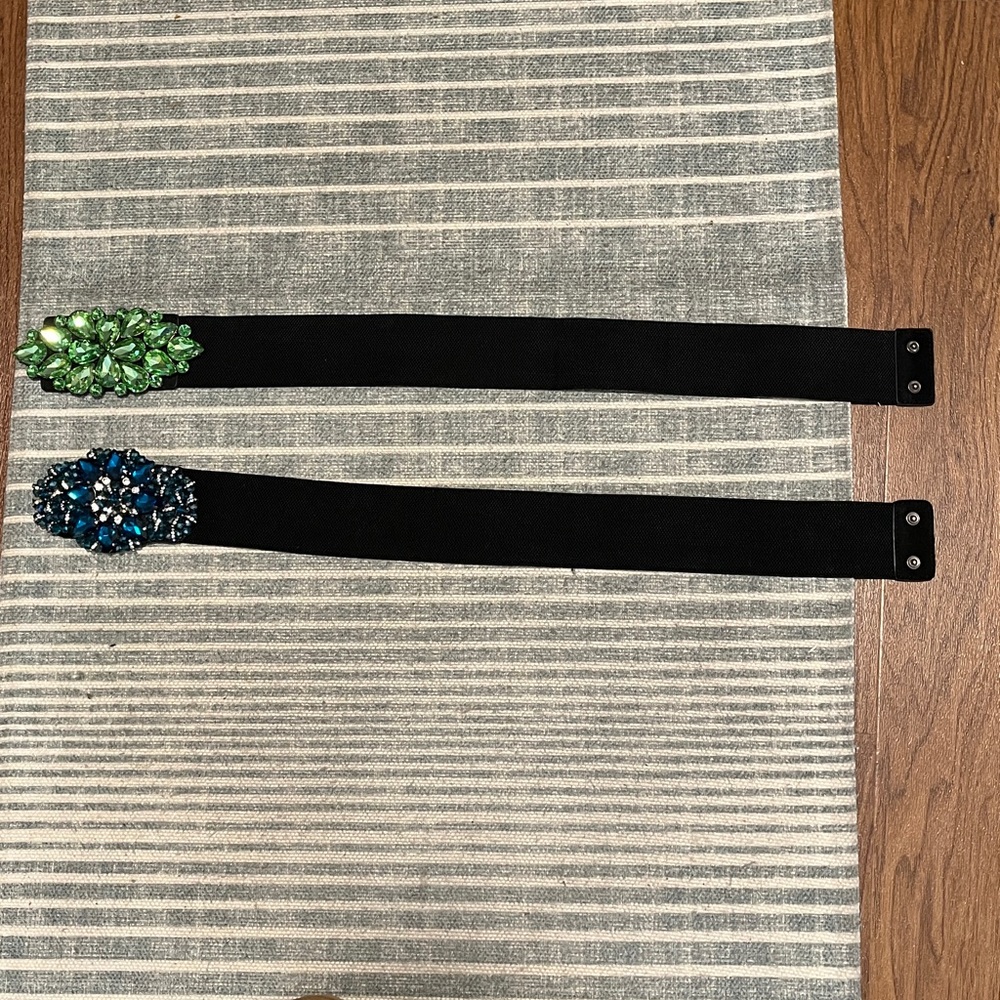 Gorgeous Dressy Rhinestone Lime Green and Dark Azure Blue Stretch Belts 27” Lot